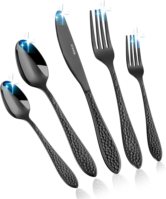 VIVANI 40-Piece Black Silverware Set for 8, Stainless Steel Black Flatware Set, Hammered Utensils Cutlery Set for Home, Wedding, Housewarming Party Event, Dishwasher Safe