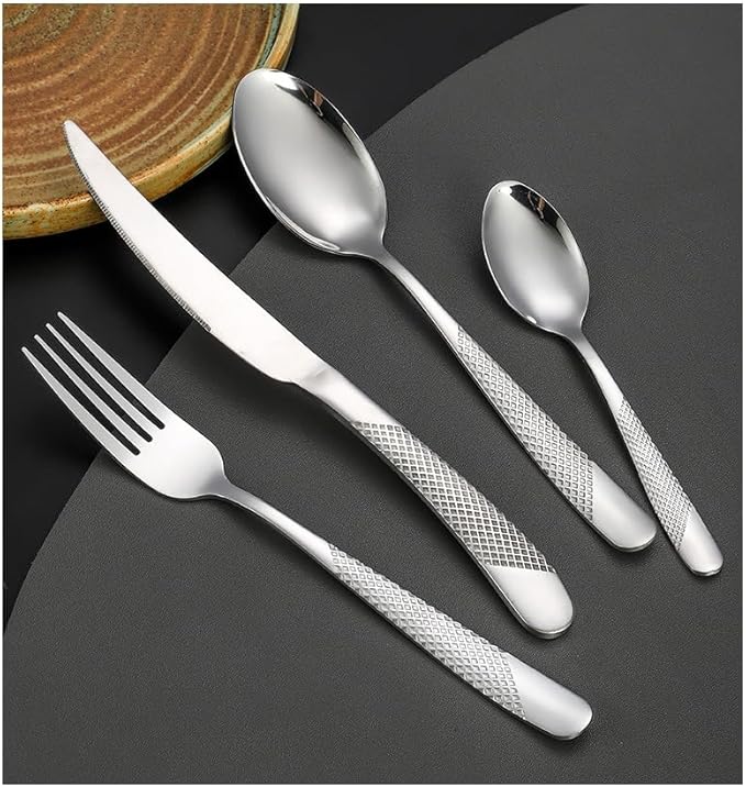 diamond hammered silverware set, 30-piece cutlery set for 6 people, Checkered Handle Stainless Steel Flatware serving set - Cutlery Set For Home Kitchen