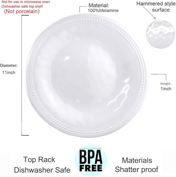 KX-WARE Melamine Plates set of 6, 11-inches Dinner Plates Set for Indoor and Outdoor Use, White