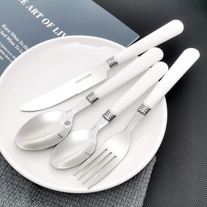 White Silverware Set for 14 Durable Stainless Steel Flatware Set 56 Piece Cutlery Tableware Utensils White Handle (ABS) Set Include Teaspoons Knives Forks and Spoons for Home Kitchen Christmas