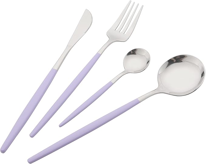 Silverware Set, 24 Pcs Stainless Steel Flatware Cutlery Set, Knives Forks and Spoons Set with Colored Handles, Rust-proof Serving Utensils, Mirror Polished, Service for 6 (Silver+Purple)