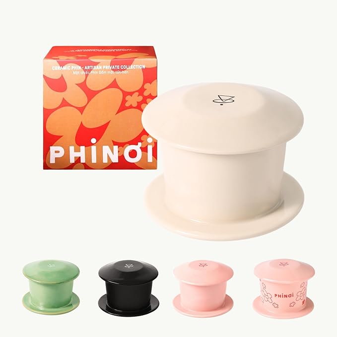 [Holiday Gift] Ceramic Vietnamese Phin Filter by PHINOI, Pour Over Coffee Dripper, 1-3 Cup Coffee Maker with Flower Design, Reusable Coffee Filter for Manual Brewing, Travel Friendly (White Cream)