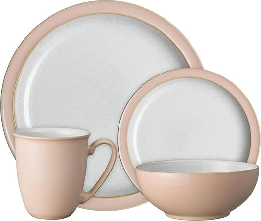 Denby - Elements Shell Peach Dinner Set For 1-4 Piece Ceramic Tableware - Dishwasher Microwave Safe Crockery Single Place Setting - 1 x Dinner Plate, 1 x Small Plate, 1 x Cereal Bowl, 1 x Coffee Mug