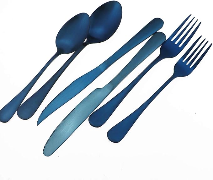 Gugrida 24-Piece Titanium Blue Plated Stainless Steel Flatware Set, Travel Cutlery Include Knife Fork Spoon Service for 4,Healthy & Eco-Friendly Silverware - Matte Elegant Modern Eating Utensils