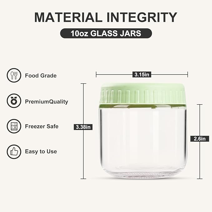 Overnight Oats Containers with Lids, 10oz Glass Jars with Lids 4 pcs, Light Green, Wide Mouth Mason jars for Salad, Yogurt, Snacks, Meal Prep