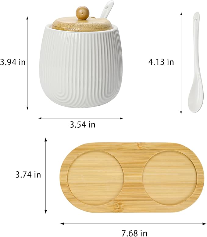 Sugar Bowl Set of 2,Ceramic Sugar Bowl with Lid and Spoon,Sugar Jar Seasoning Container Set for Coffee Bar Kitchen Home (2, White)