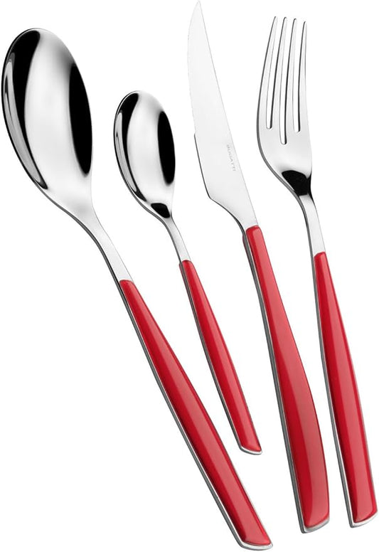 BUGATTI, Glamour 4 Piece Cutlery Set 18/10 Stainless Steel Red Handle Cutlery Set for 1 Person 1 Spoon Fork Knife Teaspoon