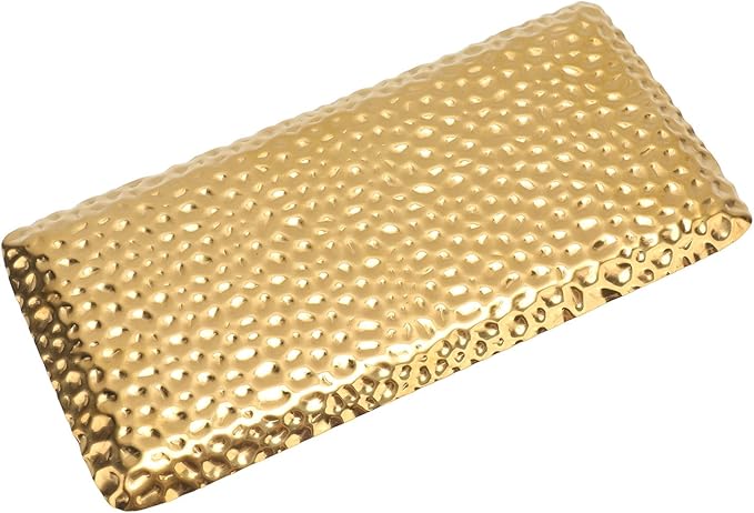 VINGVO Metal Tray, Rectangular Tray Stainless Steel Serving Tray Metal Serving Tray Hammered Tray for Living Room Bedroom Kitchen Bathroom 3.7 X 7.7in (Gold)