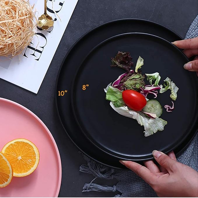 BonNoces Matte Black Porcelain Dinner Plate, 10-Inch Large Elegant Round Serving Plate Set Perfect for Steak, Pasta, Dessert and Salad, Set of 6