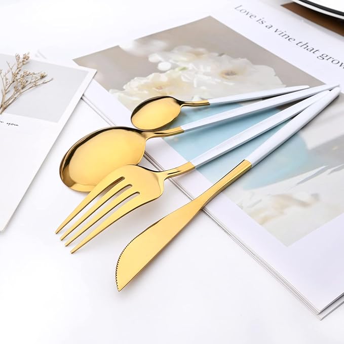 Mirror Cutlery Serving Set, 24-piece 18/0 Stainless Steel Silverware With White Handle Simple & Modern Tableware For Home Party Restaurant Christmas Dinner, Service For 6 (White Gold)