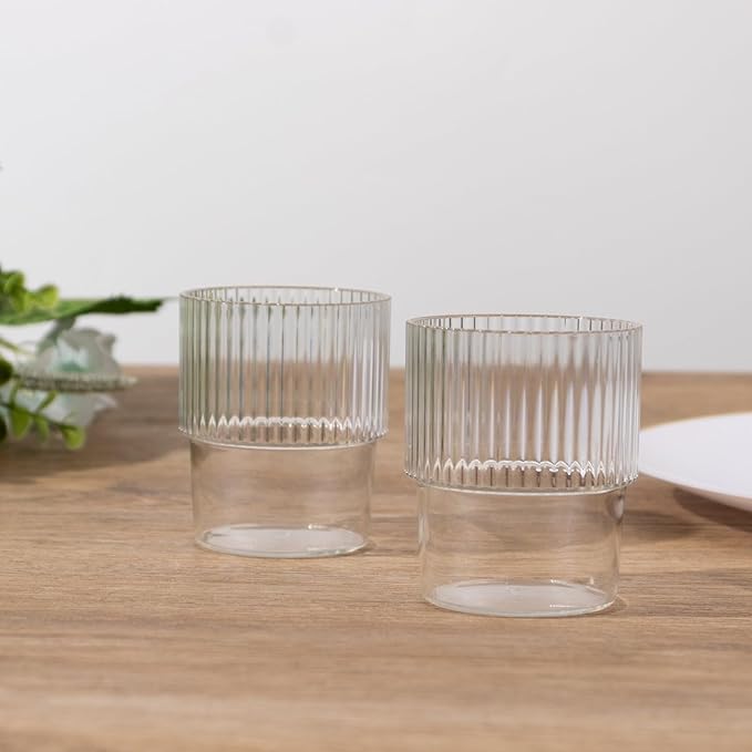 TCF Linen 12 Pack Clear Plastic Tumblers, 7oz Stackable Ribbed Reusable Shatterproof Short Drinking Glasses, Elegant Origami Design for Weddings Parties Catering Cocktails