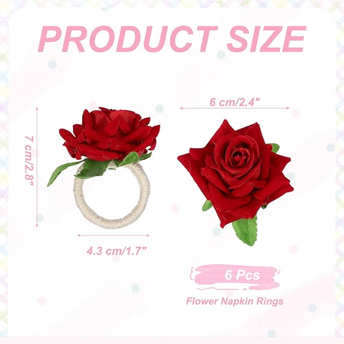 uxcell 6Pcs Flower Napkin Rings, Handmade Rose Napkin Ring Holders Buckles Table Decorations for Christmas Thanksgiving Valentine Decor Wedding Parties, Banquet, Home, Red