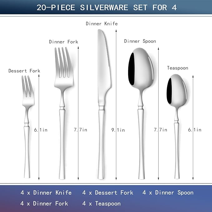 20-Piece Silverware Set Luxury Stainless Steel Small Waist Cutlery Set for 4 Vintage Style Flatware Set for Home Kitchen, Mirror Polished, Dishwasher Safe