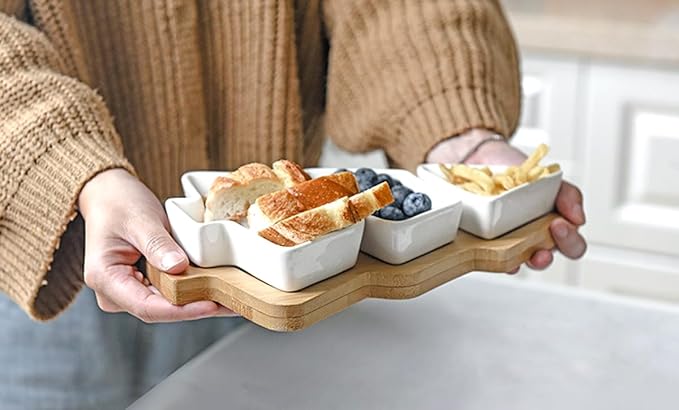 10.8 Inch White Snack Appetizer Trays Set, Small Christmas Tree Dessert Serving Dishes, Snack Platter, 3 pcs Removable White Porcelain Plates with Bamboo Tree Tray