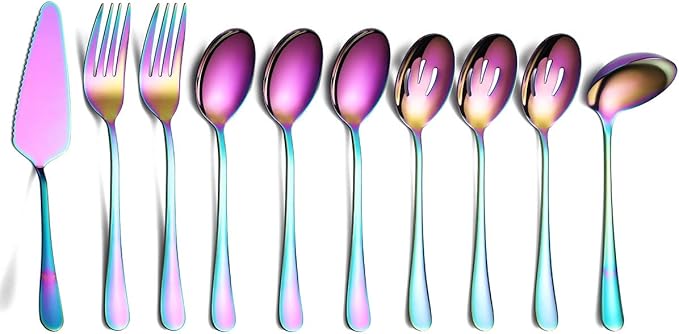 Rainbow 10-Piece Serving Flatware Set - Stainless Steel Silverware with Slotted Spoon, Cake Server, Fork, Soup Ladle