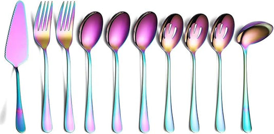 Rainbow 10-Piece Serving Flatware Set - Stainless Steel Silverware with Slotted Spoon, Cake Server, Fork, Soup Ladle