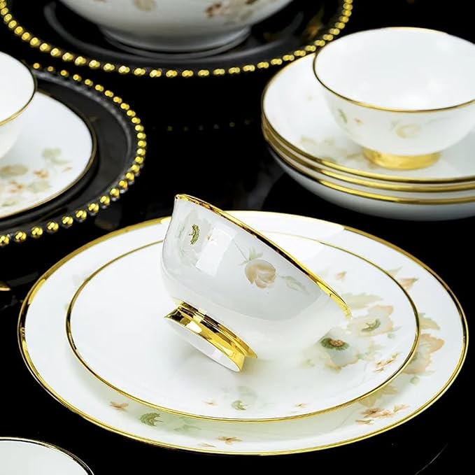 White Porcelain Tableware Set, 58 Pieces Of Bone China Bowls And Plates, High Temperature Fired Healthy Tableware, 24k Gold Decorative Tableware, Heat-resistant High-density Porcelain