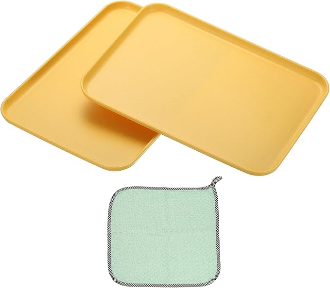 PATIKIL 12x8.7 Plastic Tray, 2 Pack Rectangular Plates Small Food Tray Wheat Plates Dishes Reusable Dessert Plate Trays with Cloth for Cake Fruits Salad Cupcake Steak Serving Yellow