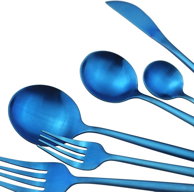 Matte Blue Silverware Set, Uniturcky Satin Finish 20-Piece 18/10 Stainless Steel Flatware Set Knife Fork Spoon, Tableware Cutlery Sets Service For 4,Utensils For Kitchens Camping And Party