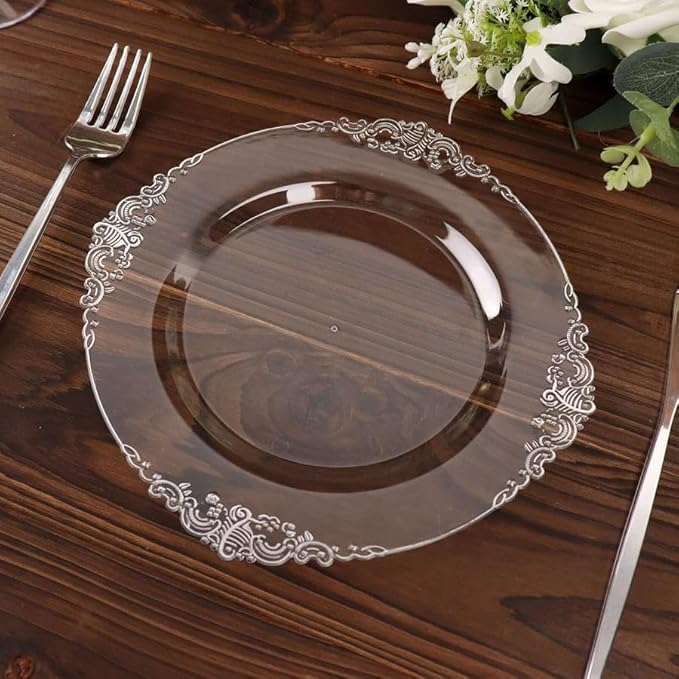 10" Dinner Plates -Set of 20 - Plastic Clear Silver Round Baroque Disposable Plate Leaf Embossed Rim, Ideal for Decoration Party Wedding Bulk Events