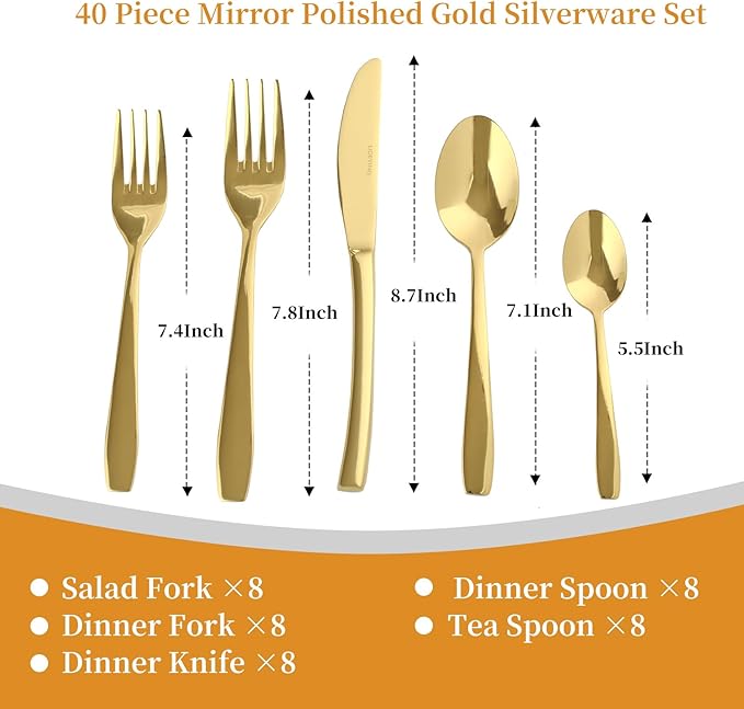 Gold 40 Piece Silverware Set,Stainless Steel Flatware Set for 8,18/0 Rust-Proof Cutlery Set with Forks & Spoons,Mirror Polished Dishwasher Safe - Heavy Duty Tableware for Home & Dining
