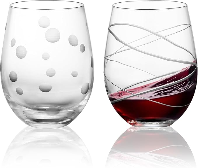 Joeyan Hand Blown Etched Stemless Wine Glasses with Dots Swirls Pattern for Red Wine,Large Carved Drinking Glass Cups Tumblers for Wedding Anniversary Party Home,Set of 2, 17.5 oz, Dishwasher Safe