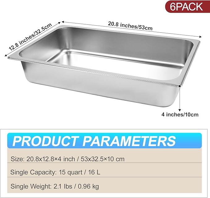6 Pack Hotel Pans, 1/1 Size 4" Deep Stainless Steel Trays for Food, 20.8" L x 13" W Catering Food Pan Commercial Table Pan for Hotel, Restaurant, Buffet, Party Supplies