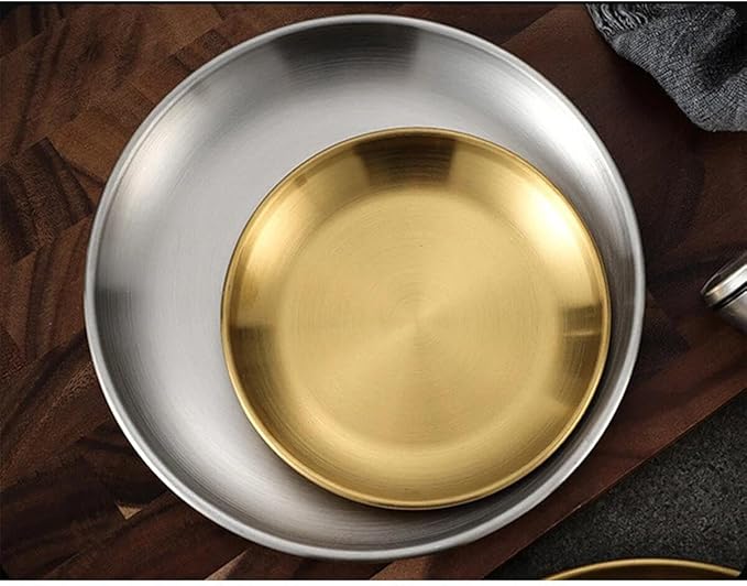 Stainless Steel Food Trays, Round Flat Dish Bread Pastry Baking Pan, Tea and Bar Serving Tray Party Cake Dessert Plate, Gold,L(26x20x2cm)