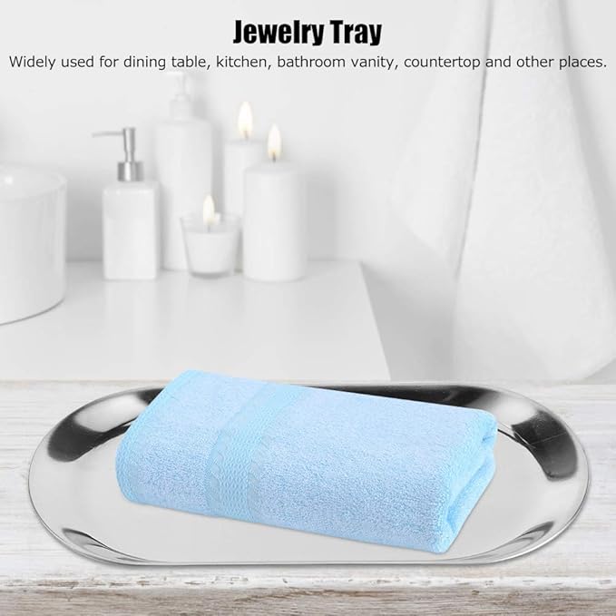7in Stainless Steel Decorative Tray, Set of 5 Makeup Jewelry Dish Cosmetics Organizer MakeupBathroom Clutter Serving Platter Storage Tray, Oval (Silver)