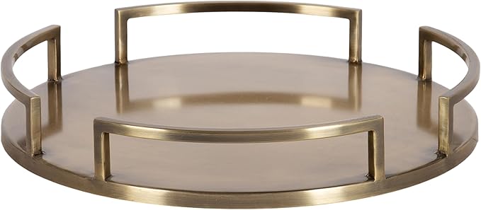 Kate and Laurel Gohana Round Tray with Metal Handles, 16 Inch Diameter, Antique Brass, Modern Glam Serving Tray with Handles for Use as Ottoman Topper or Living Room Decor
