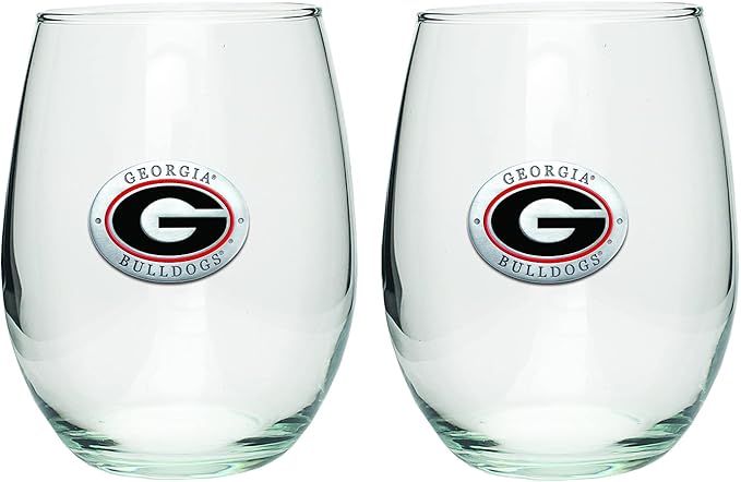 Heritage Pewter Georgia Bulldogs Stemless Glass Goblets – Set of 2 | 15 OZ Goblet Wine Glasses | Expertly Crafted Pewter Glass