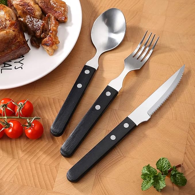 Exquisite Stainless steel cutlery set with wooden handle knife fork and spoon flatware home kitchen utensils simple silverware set Practical