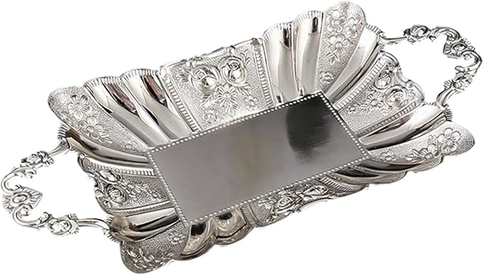 Metal Serving Tray with Handles 11.02x5.51x2.05inch European Style Mirror Fruit Plate for Candy Cupcake Dessert Bar Countertop Table Centerpiece Decor- Silver