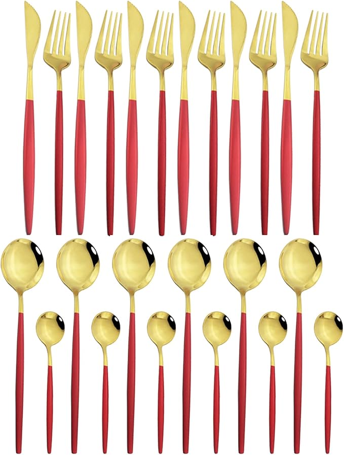JASHII 24 Piece Titanium Stainless Steel Flatware Set, Red Handle Gold Mouth Utensils, Shiny Gold Cutlery Set for 6