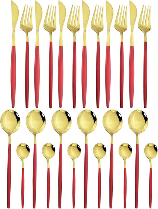 JASHII 24 Piece Titanium Stainless Steel Flatware Set, Red Handle Gold Mouth Utensils, Shiny Gold Cutlery Set for 6
