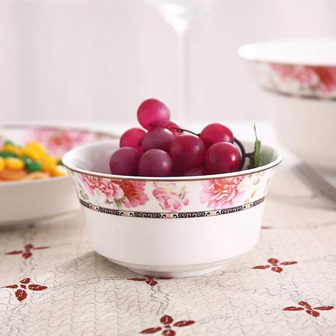 European Style Dinner Set 28 Pieces Dinnerware Bone China Tableware Set Ceramics Flower Pattern Dinner Sets Plates Bowls Combination for Family Party (White)