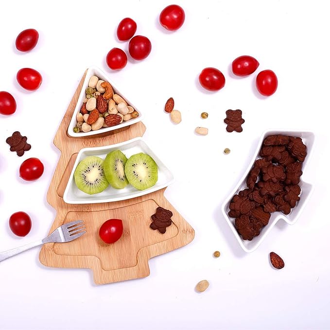 10.8 Inches Snack Appetizer Trays Set, Christmas Tree Dessert Serving Dishes, Snack Platter, 3 pcs Removable White Porcelain Plates with Bamboo Tree Tray