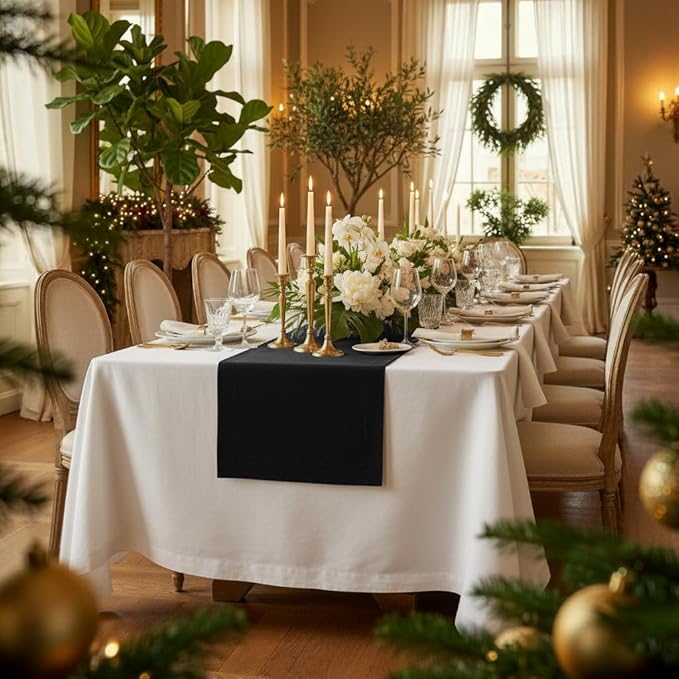 D'Moksha Homes Linen Black Table Runner 48 Inches - 100% Pure Linen Small Table Runner 14 x 48 Inch for Coffee Tables, Dresser, Winter, Christmas, Holiday, New Year - Machine Washable