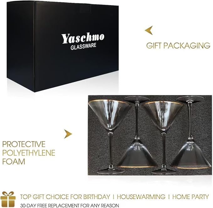 Yaschmo Martini Glasses Set of 2, Gold Rim Hand-Blown Crystal Cocktail Glasses, 10oz Large Martini Glasses for Espresso, Cosmopolitan, Gimlet, Elegant Barware Gift for for Women, Men, Any Occasion
