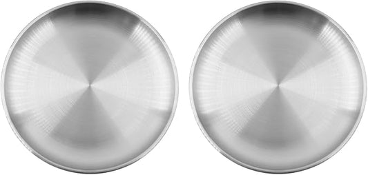 304 Stainless Steel Plates,Silver Round Dinner Dishes,Feeding Serving Camping Plates,Reusable Dinner Plates,Durable Metal Plates, Double Walled Plates for Picnic BBQ Steak 2PCS, 14cm/5.51''