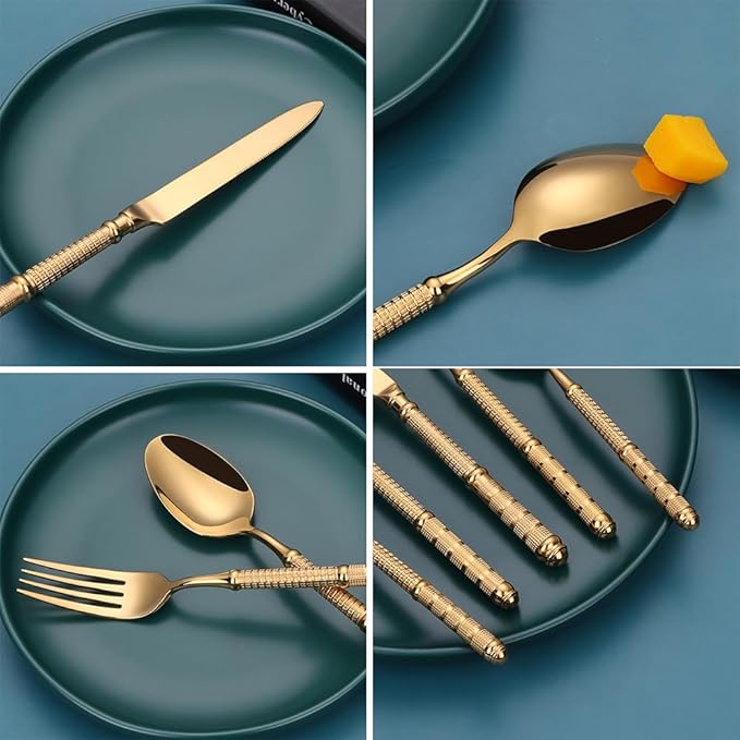 Gold 40 Piece Silverware Set Service for 8,Premium Stainless Steel Flatware Set Vintage Embossed Cutlery Utensil Set Home Kitchen Eating Tableware Set Include Fork Knife Spoon Set Dishwasher Safe