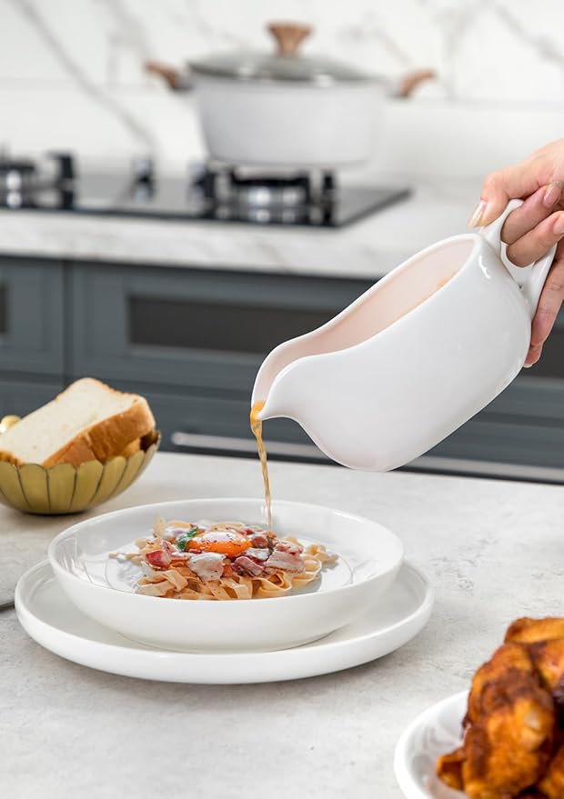 Nucookery Large 18 Oz Gravy Boat with Warmer, White Fine Porcelain Saucier With Big Dripless Lip Spout, Gravy Bowl For Thanksgiving, Warming Sauces, Salad Dressings, Microwave & Freezer Safe(Set of 2)
