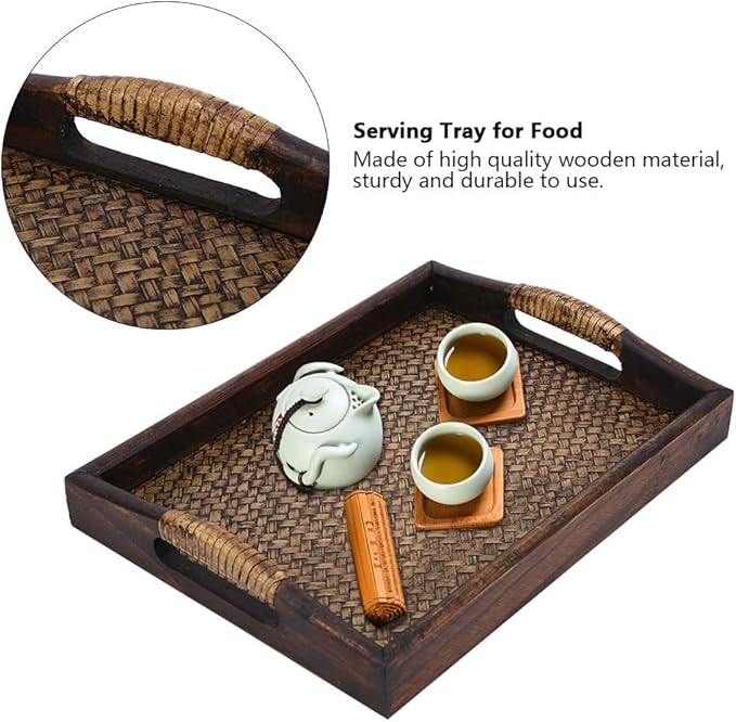 Woven Rattan Rectangle Serving Tray, 9 in Hand Woven Rattan Serving Tray Hand-Made with Raised Handles and Wood on All Sides Decorative for Dining Coffee Table Tea Party