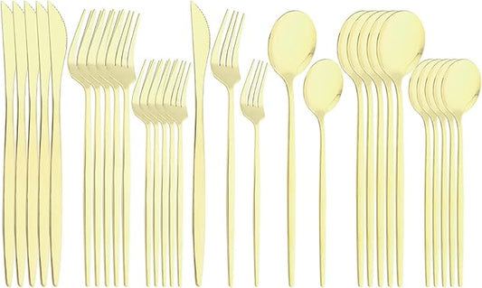 30Pcs Champagne Gold Mirror Finished Cutlery Set, 18/0 Stainless Steel Daily Use Silverware Kitchen Home Restaurant Party Dessert Flatware Set Include Knife/Fork/Spoon, Service For 6