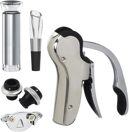 Stainless Steel Wine Opener Set - Compact Vertical Corkscrew Wine Bottle Opener Gift Set with Foil Cutter, Aerator Pourer, Vacuum Pump and 2 Wine Stoppers, Wine Gift Set for Home Party Bar