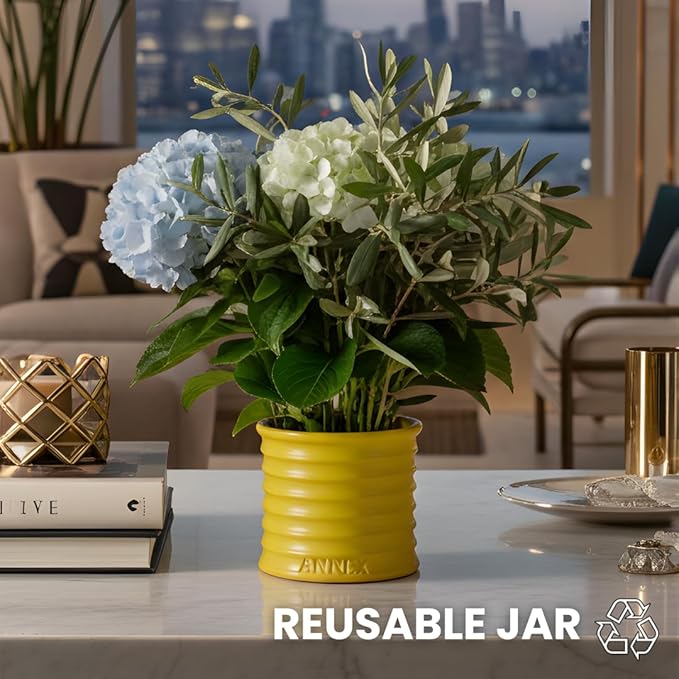 Scented Luxury Candles in Handmade Ceramic Jars, Soy Wax | Flower Bomb – Lily of The Valley & Jasmine, Large Candle | Non Toxic, 2 Wicks, Reusable Yellow Jar | Natural Spring Aromatherapy for Women