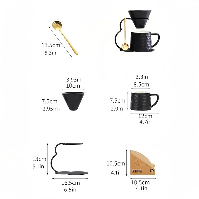 Pour Over Coffee Maker set,Ceramic Coffee Maker With V60 40 pcs Paper Filter，Metal Stand 9oz 270ml mug Pour Over Coffee Dripper white