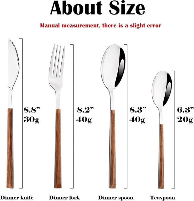 24Pcs Wooden Handle Flatware Silverware Set, Stainless Steel Cutlery Set for 6, Square Handle Eating Utensils, Mirror Polished for Home Kitchen Bar Restaurant
