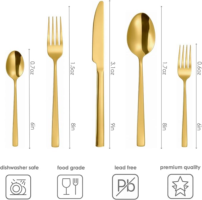Oxford Silverware Set, 30 Piece Gold Flatware Premium Polished Stainless Steel, Service for 6, for Kitchen, Home, Wedding, Party, Mirror Polished Dishwasher Safe