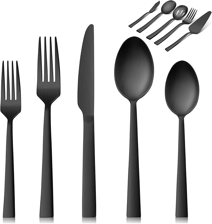 VeSteel 65Pcs Matte Black Silverware Set with Serving Utensils, Stainless Steel Flatware Set Service for 12, Metal Cutlery Eating Utensils Tableware Includes Forks/Spoons/Knives/Hostess Set